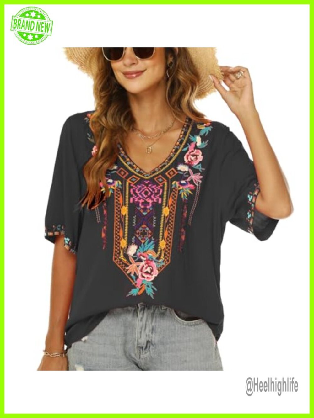 Womens Mexican Embroidered Tunic Top Boho Peasant Blouse Rayon V-Neck
